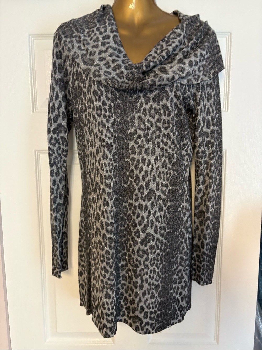 Grey Leopard-Print Cowl Neck Sweater dress